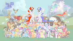 Size: 1920x1080 | Tagged: safe, artist:spltfyre, derpibooru import, angel bunny, apple bloom, applejack, big macintosh, braeburn, cheerilee, daisy, derpy hooves, diamond tiara, doctor whooves, flower wishes, fluttershy, granny smith, gummy, lily, lily valley, manny roar, opalescence, owlowiscious, philomena, photo finish, pinkie pie, princess celestia, princess luna, rainbow dash, rarity, roseluck, scootaloo, silver spoon, snails, snips, soarin', spike, spitfire, steven magnet, sweetie belle, trixie, twilight sparkle, twist, unicorn twilight, winona, zecora, oc, oc:discentia, oc:karma, alicorn, buffalo, cockatrice, diamond dog, dragon, earth pony, hydra, manticore, parasprite, pegasus, pony, unicorn, zebra, background six, cutie mark, cutie mark crusaders, downvote, female, flower trio, mane six, mare, multiple heads, ponified, reddit, royal guard, upvote, wallpaper