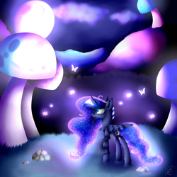Size: 5000x5000 | Tagged: safe, artist:norica-official, princess luna, alicorn, butterfly, insect, pony, absurd resolution, ethereal mane, female, giant mushroom, glowing mushroom, mare, mushroom, raised hoof, solo