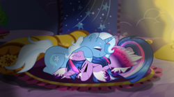 Size: 1414x790 | Tagged: safe, artist:itsnatcherx, derpibooru import, trixie, twilight sparkle, twilight sparkle (alicorn), alicorn, colored wings, female, lesbian, shipping, twixie, wings