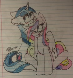 Size: 1024x1090 | Tagged: safe, artist:shellythewolf1, princess cadance, shining armor, alicorn, pony, unicorn, blushing, female, lined paper, male, shiningcadance, shipping, snuggling, straight, tongue out, traditional art