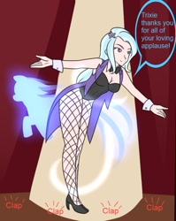 Size: 705x887 | Tagged: safe, artist:jonfawkes, artist:jrain9110, derpibooru import, part of a series, part of a set, trixie, human, bowtie, clapping, clothes, coat, fishnet stockings, high heels, human to pony, humanized, imminent transformation, leotard, magic, magician, magician outfit, solo, speech bubble, stage, stockings, transformation sequence