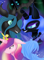 Size: 2424x3317 | Tagged: safe, artist:yuureiburu, nightmare moon, princess cadance, princess luna, queen chrysalis, alicorn, changeling, changeling queen, pony, duality, s1 luna