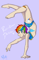 Size: 600x919 | Tagged: safe, artist:collaredginger, rainbow dash, backbend, bandaid, bikini, clothes, contortionist, flexible, handstand, humanized, solo, swimsuit