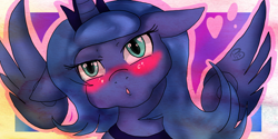 Size: 3000x1500 | Tagged: safe, artist:yuureiburu, princess luna, alicorn, pony, blushing, female, horn, mare, solo