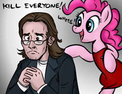 Size: 1347x1041 | Tagged: safe, artist:megasweet, artist:trelwin, pinkie pie, human, pony, battlestar galactica, crossover, gaius baltar, glasses