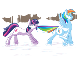 Size: 1260x944 | Tagged: safe, artist:graphic-lee, rainbow dash, twilight sparkle, pegasus, pony, eyes on the prize, fanfic, fanfic art, female, ice skating, lesbian, shipping, tail bite, twidash, twilight's list, winter