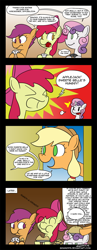 Size: 700x1806 | Tagged: safe, artist:braindps, apple bloom, applejack, scootaloo, sweetie belle, earth pony, pony, comic, controller, cutie mark crusaders, muffin, pie, video game