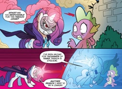 Size: 1074x782 | Tagged: safe, artist:tonyfleecs, idw, princess luna, rarity, spike, alicorn, dragon, pony, unicorn, ponies of dark water, spoiler:comic, spoiler:comic44, angry, cape, clothes, comic, cropped, doctor doomity, female, flawless rarity, force field, furious, magic beam, male, mare, mask, official comic, smoke, smoking horn, speech bubble