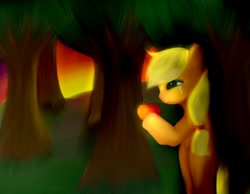 Size: 900x700 | Tagged: safe, artist:pipomanager-mimmi, applejack, earth pony, pony, apple, crying, food, forest, solo
