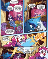 Size: 938x1156 | Tagged: safe, artist:tonyfleecs, idw, pinkie pie, princess luna, rarity, spike, alicorn, dragon, earth pony, pony, unicorn, ponies of dark water, spoiler:comic, spoiler:comic44, cannon, cape, cloak, clothes, comic, doctor doomity, ethereal mane, female, flawless rarity, hood, male, mare, official comic, pinkie joker, speech bubble, starry mane, theater