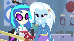 Size: 1920x1080 | Tagged: safe, derpibooru import, dj pon-3, trixie, vinyl scratch, equestria girls, guitar centered, rainbow rocks, electric guitar, grin, guitar, smiling