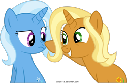 Size: 5968x3887 | Tagged: safe, artist:adog0718, derpibooru import, idw, sunflower spectacle, trixie, pony, unicorn, spoiler:comic, spoiler:comic40, absurd resolution, boop, cute, female, frown, grin, idw showified, mare, scrunchy face, simple background, smiling, squee, transparent background, vector