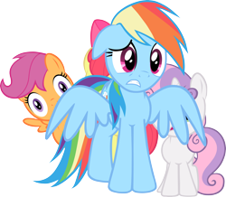 Size: 4000x3494 | Tagged: safe, artist:masamunya, artist:northernthestar, apple bloom, rainbow dash, scootaloo, sweetie belle, pegasus, pony, absurd resolution, cutie mark crusaders, high res, scared, simple background, transparent background, vector
