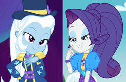 Size: 766x500 | Tagged: safe, derpibooru import, edit, screencap, rarity, trixie, better together, equestria girls, lost and pound, spring breakdown, female, geode of shielding, lesbian, magical geodes, rarixie, shipping, shipping domino