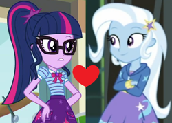 Size: 538x386 | Tagged: safe, derpibooru import, edit, edited screencap, screencap, sci-twi, trixie, twilight sparkle, better together, equestria girls, overpowered (equestria girls), sock it to me, female, lesbian, sci-twixie, shipping, shipping domino, twixie