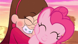 Size: 1280x720 | Tagged: safe, artist:battybovine, pinkie pie, earth pony, human, pony, animated, crossover, cuddling, cute, diapinkes, duo, eyes closed, female, gravity falls, hall of fame, hnnng, hug, mabel pines, mare, snuggling, squishy cheeks