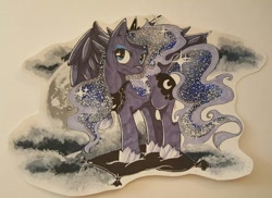 Size: 960x697 | Tagged: safe, artist:spirit-woods, princess luna, alicorn, pony, female, head turn, looking at you, mare, marker drawing, raised hoof, solo, spread wings, traditional art