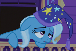 Size: 720x490 | Tagged: safe, derpibooru import, screencap, trixie, to where and back again, cropped, hat, nightcap, solo, trixie's wagon