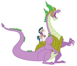 Size: 1350x1150 | Tagged: safe, artist:red4567, edit, shining armor, spike, dragon, pony, unicorn, adult spike, armor, badass, dragon rider shining armor, guardians of harmony, older, older spike, ponies riding dragons, scene interpretation, simple background, spikezilla, toy interpretation, vector, vector edit, white background