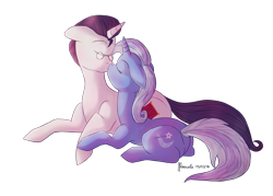 Size: 2732x1960 | Tagged: safe, artist:floravola, derpibooru import, trixie, oc, pony, unicorn, canon x oc, female, kissing, male, mare, shipping, straight