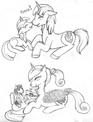 Size: 1156x1524 | Tagged: safe, artist:tinuleaf, princess cadance, shining armor, smarty pants, twilight sparkle, alicorn, pony, unicorn, boop, colt, filly, filly twilight sparkle, foal, monochrome, younger