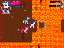 Size: 400x300 | Tagged: safe, artist:supersaiyanmikito, pinkie pie, rainbow dash, rarity, earth pony, pegasus, pony, unicorn, 2d, fan game, female, game, heart, lava, magic, mare, shadow, shadows