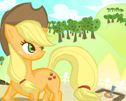 Size: 800x640 | Tagged: safe, artist:accursedknight, applejack, earth pony, pony, looking back, orchard, solo