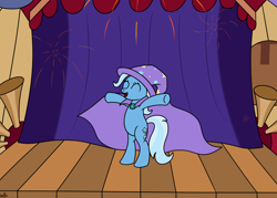 Size: 1400x1000 | Tagged: safe, artist:spritepony, derpibooru import, trixie, pony, bipedal, fireworks, performing, solo, stage, trixie's cape, trixie's hat