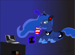 Size: 2239x1669 | Tagged: safe, artist:playfulpossum, princess luna, alicorn, pony, computer, gamer luna, glowing horn, headphones, looking at you, solo, television