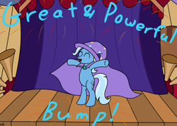 Size: 1400x1000 | Tagged: safe, alternate version, artist:spritepony, derpibooru import, trixie, pony, bipedal, fireworks, performing, solo, stage, text edit, trixie's cape, trixie's hat