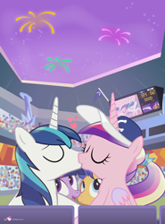 Size: 1020x1380 | Tagged: safe, artist:dm29, flash sentry, princess cadance, shining armor, twilight sparkle, twilight sparkle (alicorn), alicorn, pony, unicorn, baseball cap, female, fireworks, hat, hearts and hooves day, kiss cam, kissing, male, mare, shiningcadance, shipping, stadium, straight