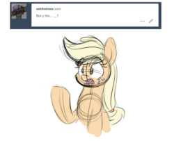 Size: 800x650 | Tagged: safe, artist:bellspurgebells, applejack, earth pony, pony, animated, ask, female, floppy ears, gif, hatless, mare, missing accessory, raised hoof, shrug, simple background, sketch, solo, thinking, tumblr, white background