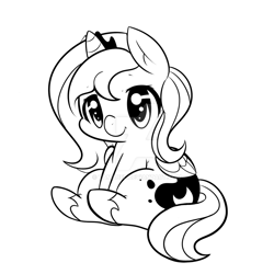 Size: 1024x1024 | Tagged: safe, artist:tamabel, princess luna, alicorn, pony, cute, deviantart watermark, filly, lineart, lunabetes, monochrome, obtrusive watermark, simple background, sitting, solo, watermark, white background, woona