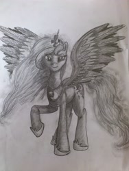 Size: 2448x3264 | Tagged: safe, artist:dashingrainboom, princess luna, alicorn, pony, looking at you, monochrome, raised hoof, sketch, solo, spread wings, traditional art