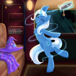 Size: 4096x4096 | Tagged: safe, artist:evlass, derpibooru import, trixie, pony, unicorn, cape, clothes, fanfic art, hat, levitation, magic, sofa, solo, telekinesis, ticket, train, trixie's cape, trixie's hat