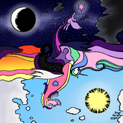 Size: 600x600 | Tagged: safe, artist:sarythewolf, princess cadance, princess celestia, princess luna, twilight sparkle, twilight sparkle (alicorn), alicorn, pony, day, female, mare, moon, night, stars, sun