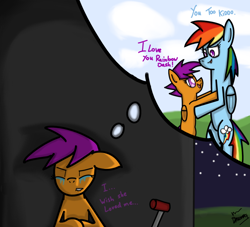 Size: 900x818 | Tagged: safe, artist:misterhailfire, artist:mrdynasty, rainbow dash, scootaloo, pegasus, pony, crying, dream, implied scootalove, night, scootalone, scooter