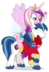 Size: 650x950 | Tagged: safe, artist:dm29, princess cadance, shining armor, alicorn, pony, unicorn, bouquet, female, heart, hearts and hooves day, husband and wife, male, ponies riding ponies, riding, rose, shiningcadance, shipping, simple background, straight, transparent background, valentine's day