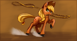 Size: 1110x591 | Tagged: safe, artist:idriaka, applejack, earth pony, pony, blonde mane, female, mare, orange coat, rope, solo