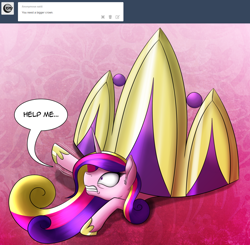 Size: 1280x1254 | Tagged: safe, artist:iraincloud, princess cadance, alicorn, pony, ask, crown, frown, gritted teeth, help me, jewelry, ladybugs-awake, prone, regalia, solo, stuck, tiara, tumblr, waving, wide eyes