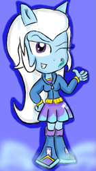 Size: 627x1111 | Tagged: safe, artist:mildockart, derpibooru import, trixie, equestria girls, clothes, cutie mark, doll, equestria girls minis, grin, hoodie, looking at you, pony ears, skirt, solo, thumbs up, toy, wink