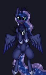 Size: 600x978 | Tagged: safe, artist:drducksauce, princess luna, alicorn, pony, blushing, body pillow, body pillow design, female, looking at you, on back, open mouth, solo, spread wings