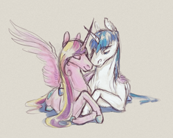 Size: 3000x2400 | Tagged: safe, artist:cuttledreams, princess cadance, shining armor, alicorn, pony, unicorn, hug, nuzzling, prone, winghug