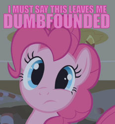 Size: 476x514 | Tagged: safe, screencap, pinkie pie, earth pony, pony, caption, image macro, pink text, reaction image