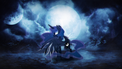 Size: 1920x1080 | Tagged: safe, artist:equestria-prevails, artist:minhbuinhat99, princess luna, alicorn, pony, dark, fog, full moon, glowing eyes, lightning, moon, mountain, vector, wallpaper