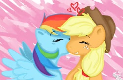 Size: 900x588 | Tagged: safe, artist:chiuuchiuu, applejack, rainbow dash, earth pony, pegasus, pony, appledash, female, kiss on the cheek, kissing, lesbian, shipping