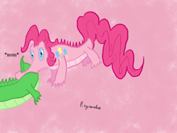 Size: 800x600 | Tagged: safe, artist:ragnarokia, gummy, pinkie pie, gatorfied, gummy pie, species swap, tail bite