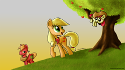 Size: 2000x1125 | Tagged: safe, artist:esuka, apple bloom, applejack, big macintosh, earth pony, pony, male, stallion