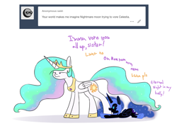 Size: 1600x1200 | Tagged: safe, artist:bellspurgebells, nightmare moon, princess celestia, alicorn, pony, :t, biting, female, fetish, filly, frown, glare, joke, lidded eyes, mare, nom, nose wrinkle, prone, puffy cheeks, simple background, size difference, tumblr, unamused, vore, white background