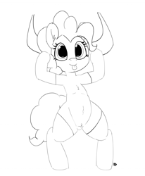 Size: 1280x1556 | Tagged: safe, artist:pabbley, pinkie pie, earth pony, pony, not asking for trouble, 30 minute art challenge, armpits, belly button, bipedal, chest fluff, clothes, cute, helmet, honorary yak horns, horned helmet, monochrome, pubic fluff, simple background, solo, stockings, thigh highs, tongue out, viking helmet, white background